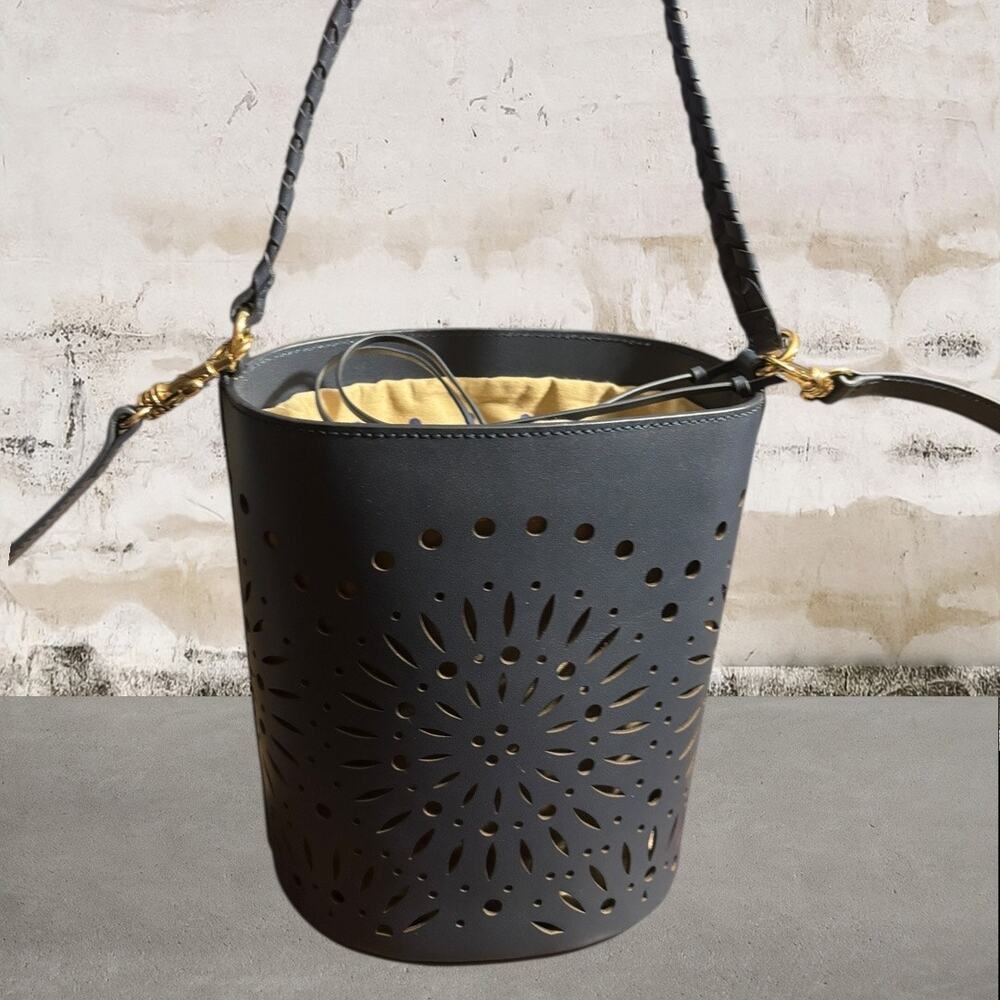 Chico's Navy Laser-Cut Bucket Crossbody with Tan Liner